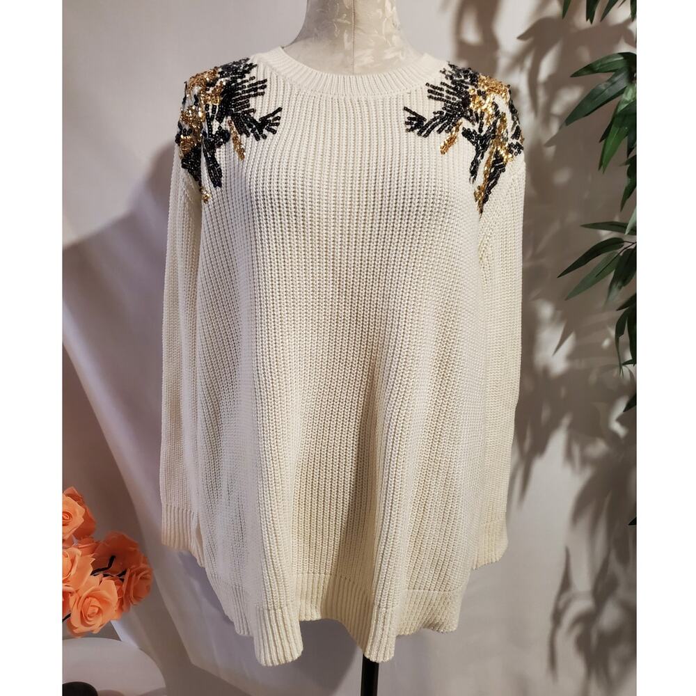 NWT Lane Bryant Embellished Sequin Dolman Sleeve Sweater Plus Size 18/20 Cream